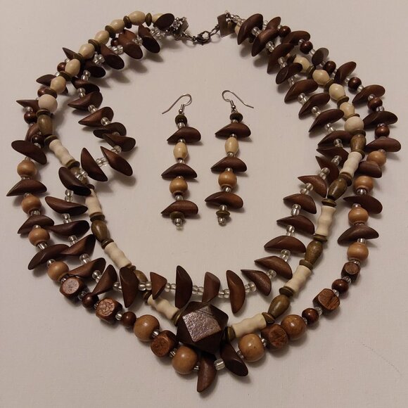 Brown Beige Ivory Clear Bead Necklace Earrings Set - Picture 1 of 4
